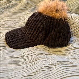 Black Ribbed Cap with Faux Fur Pom